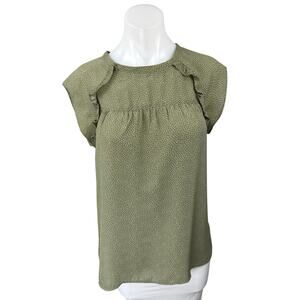 Ann Taylor LOFT Green Polka Dots Short Sleeve Ruffle Babydoll Blouse Top Size S